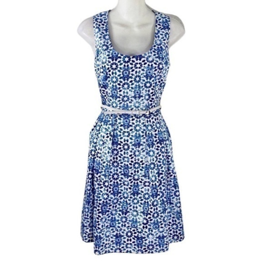 Calvin Klein blue white kaleidoscope print sleeveless belted flare dress 4 AD30